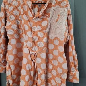 Magnolia Pearl OOAK Pinkish Orange and White Polka Dot Button-Up Blouse